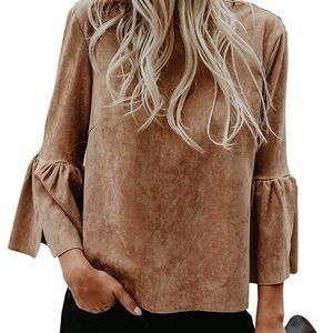 Tan Bell Sleeve Top Suede Crew Neck Casual T-Shirt